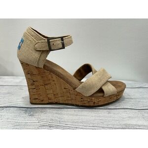 Toms Womens Beige Sienna Woven Cork Wedge Peep Toe Espadrille Sandals Size W6.5